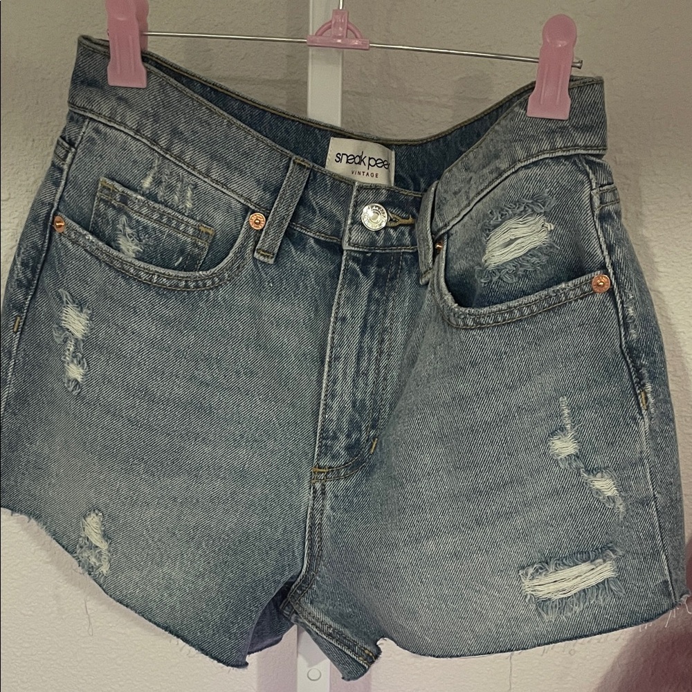 Sneak Peek Distressed Light Blue Jean Shorts
